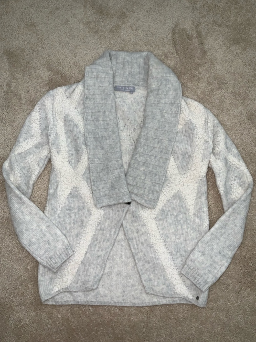 One Grey Day Cozy Shawl Collar Women's Sweater Cardigan - Light Gray & Cream XS